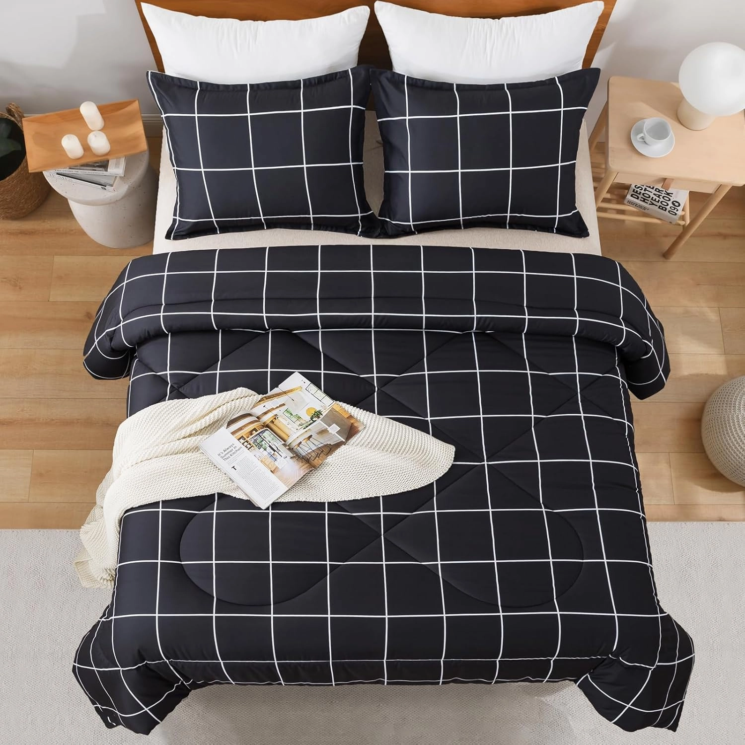 Andency Black Grid Comforter Set Queen(90x90Inch), 3 Pieces (1 Plaid Comforter and 2 Pillowcases) Black Plaid Comforter Set, Lightweight Microfiber Gingham Geometric Comforter Bedding Set
