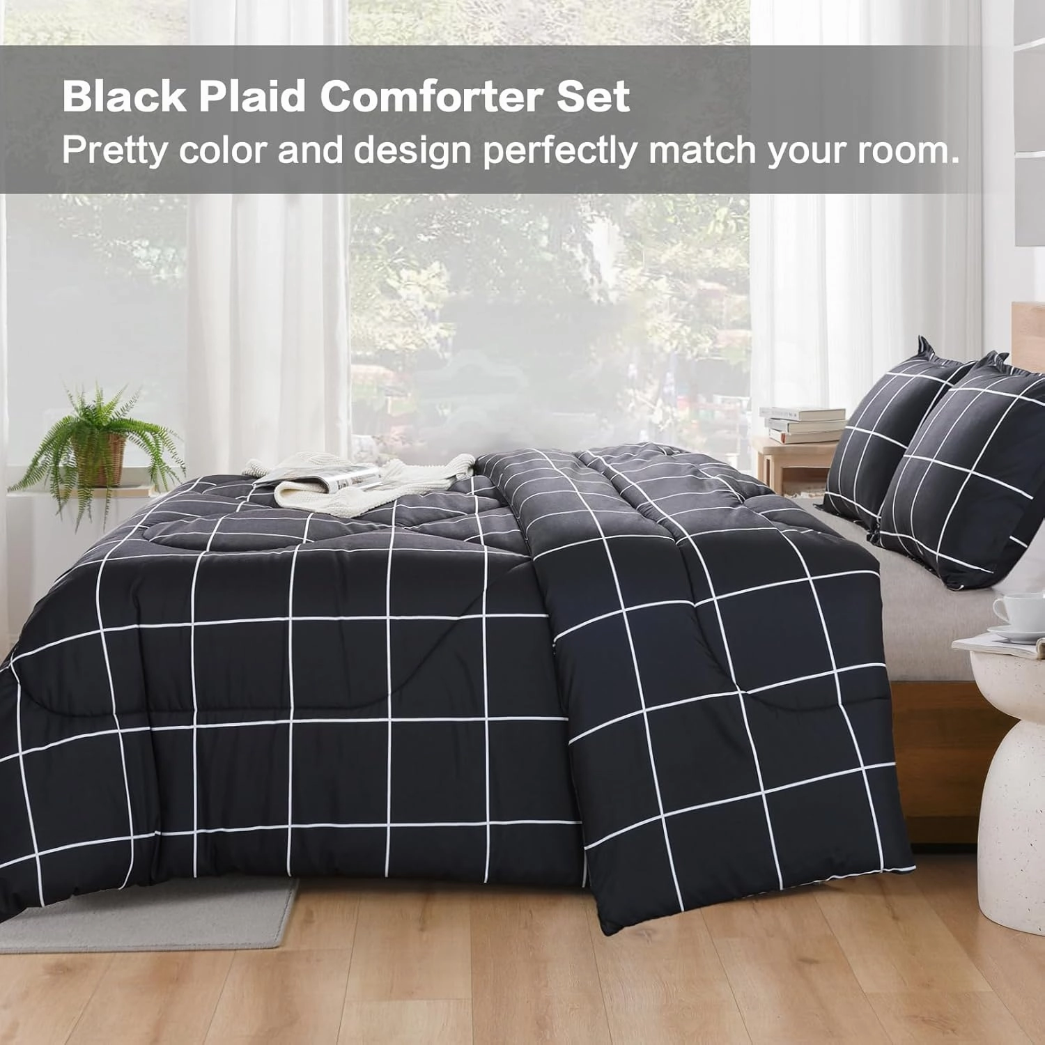 Andency Black Grid Comforter Set Queen(90x90Inch), 3 Pieces (1 Plaid Comforter and 2 Pillowcases) Black Plaid Comforter Set, Lightweight Microfiber Gingham Geometric Comforter Bedding Set