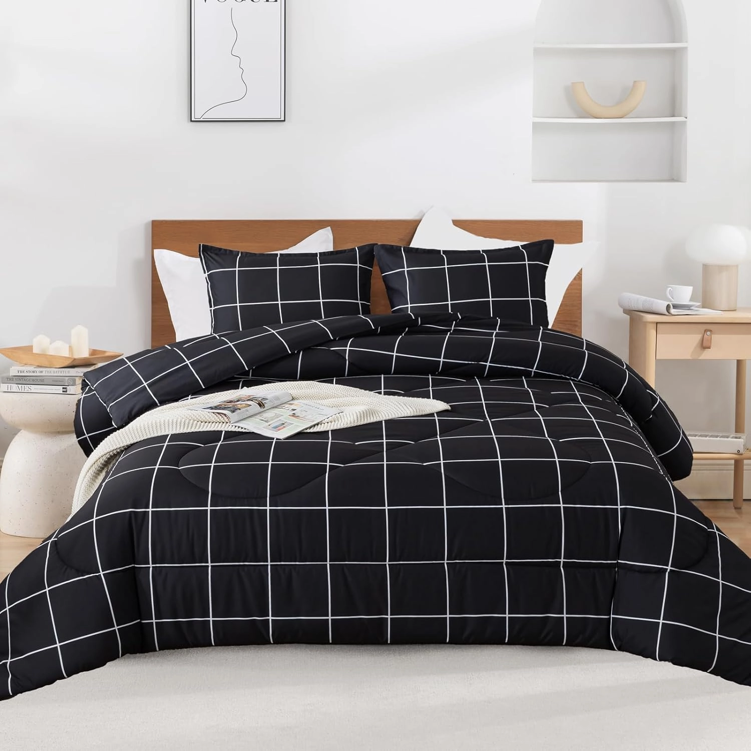 Andency Black Grid Comforter Set Queen(90x90Inch), 3 Pieces (1 Plaid Comforter and 2 Pillowcases) Black Plaid Comforter Set, Lightweight Microfiber Gingham Geometric Comforter Bedding Set