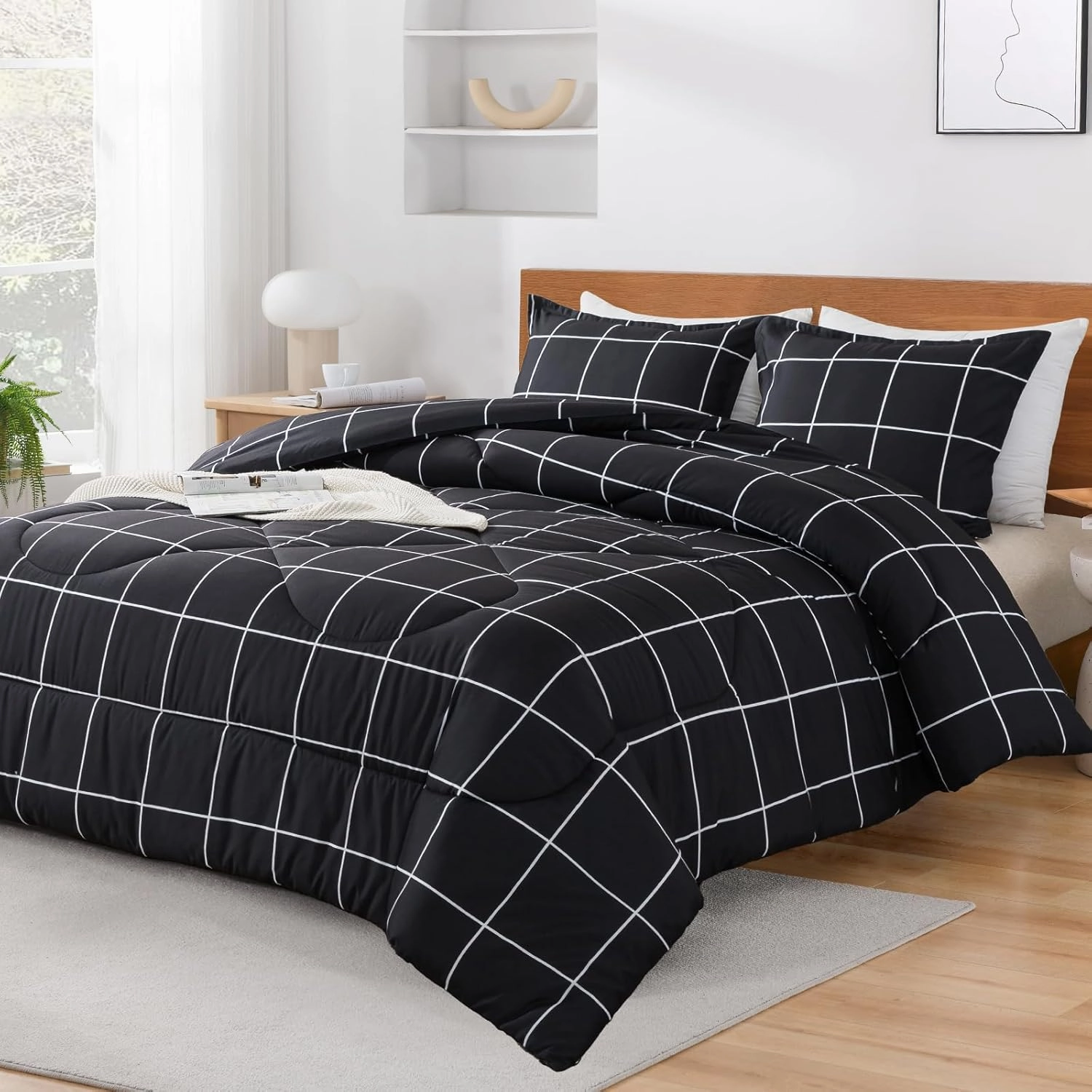 Andency Black Grid Comforter Set Queen(90x90Inch), 3 Pieces (1 Plaid Comforter and 2 Pillowcases) Black Plaid Comforter Set, Lightweight Microfiber Gingham Geometric Comforter Bedding Set