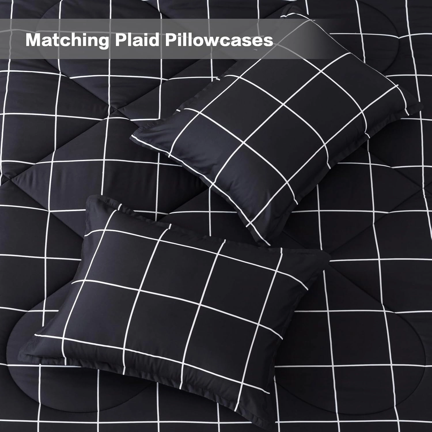 Andency Black Grid Comforter Set Queen(90x90Inch), 3 Pieces (1 Plaid Comforter and 2 Pillowcases) Black Plaid Comforter Set, Lightweight Microfiber Gingham Geometric Comforter Bedding Set