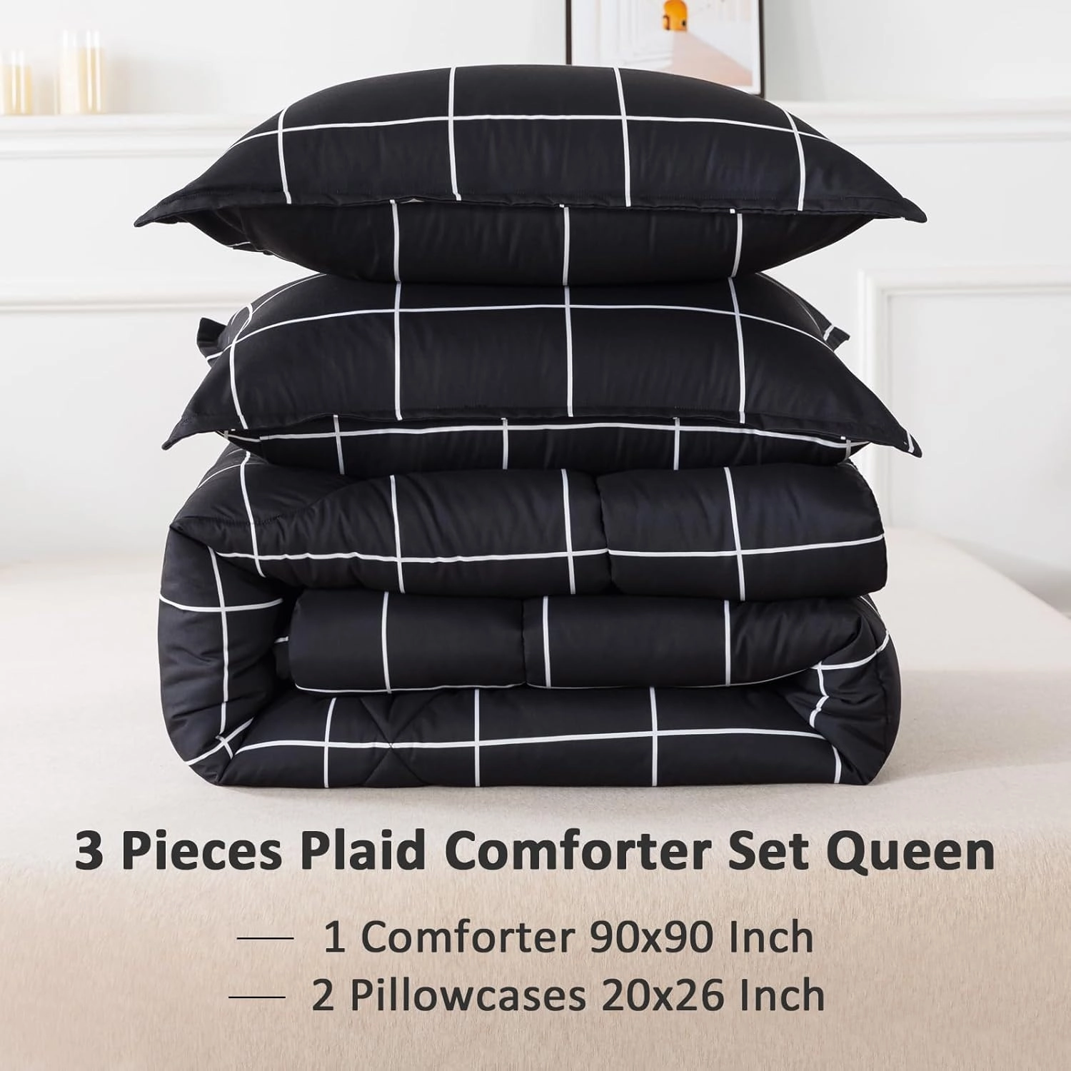 Andency Black Grid Comforter Set Queen(90x90Inch), 3 Pieces (1 Plaid Comforter and 2 Pillowcases) Black Plaid Comforter Set, Lightweight Microfiber Gingham Geometric Comforter Bedding Set