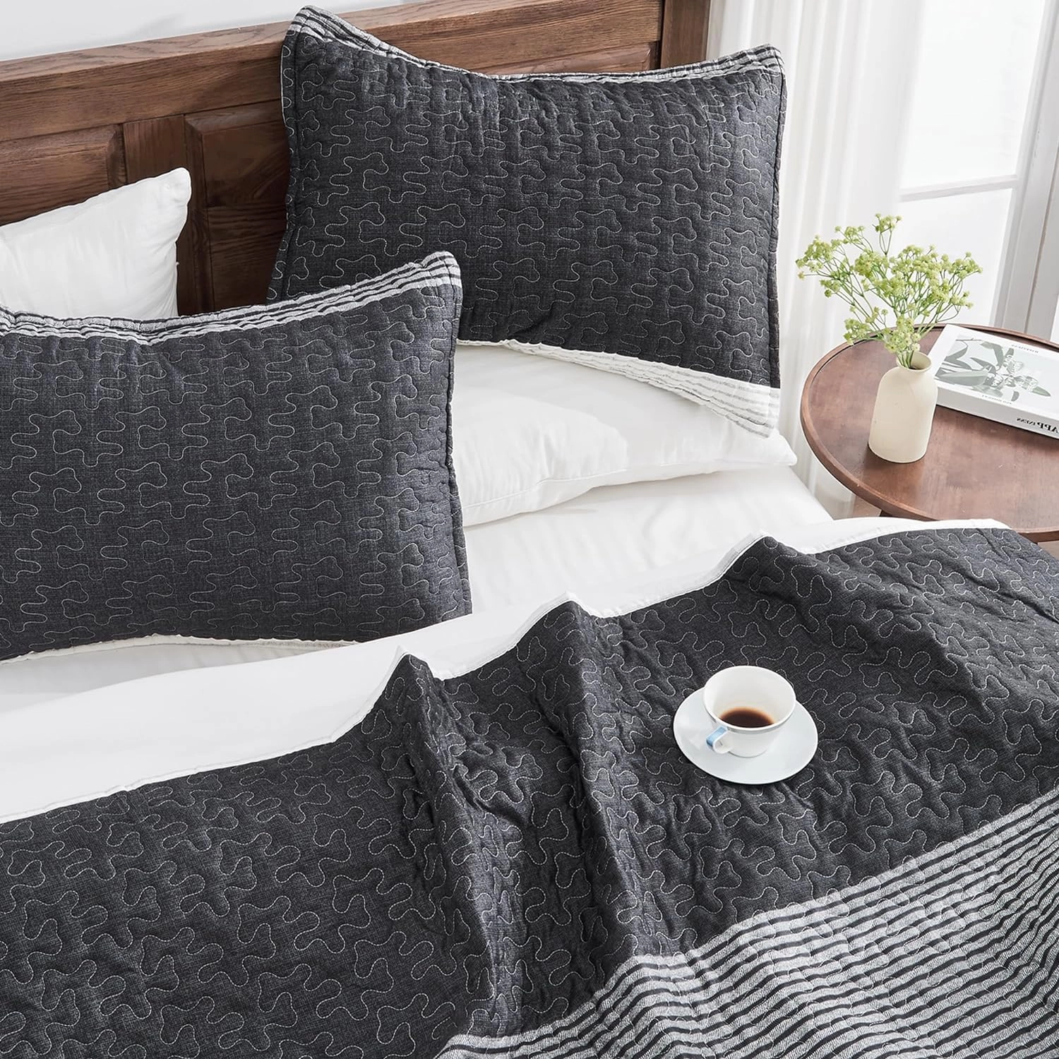 Andency California King Quilt Set Black and White, 3 Pieces Grey Ultra Soft Lightweight Cal King Bedspreads & Coverlets Set, Patchwork Striped Quilted Bedding Sets for All Seasons (112"x104")