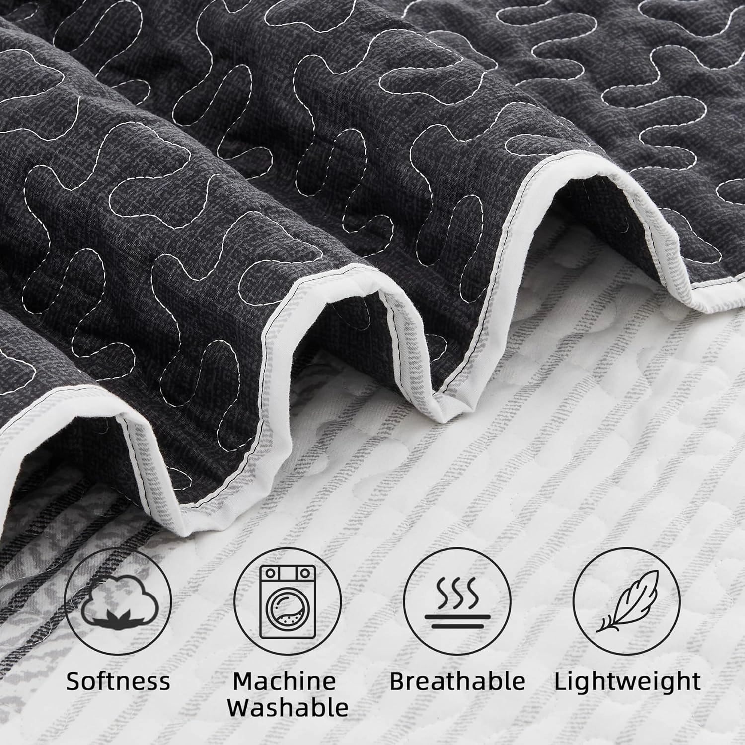 Andency California King Quilt Set Black and White, 3 Pieces Grey Ultra Soft Lightweight Cal King Bedspreads & Coverlets Set, Patchwork Striped Quilted Bedding Sets for All Seasons (112"x104")