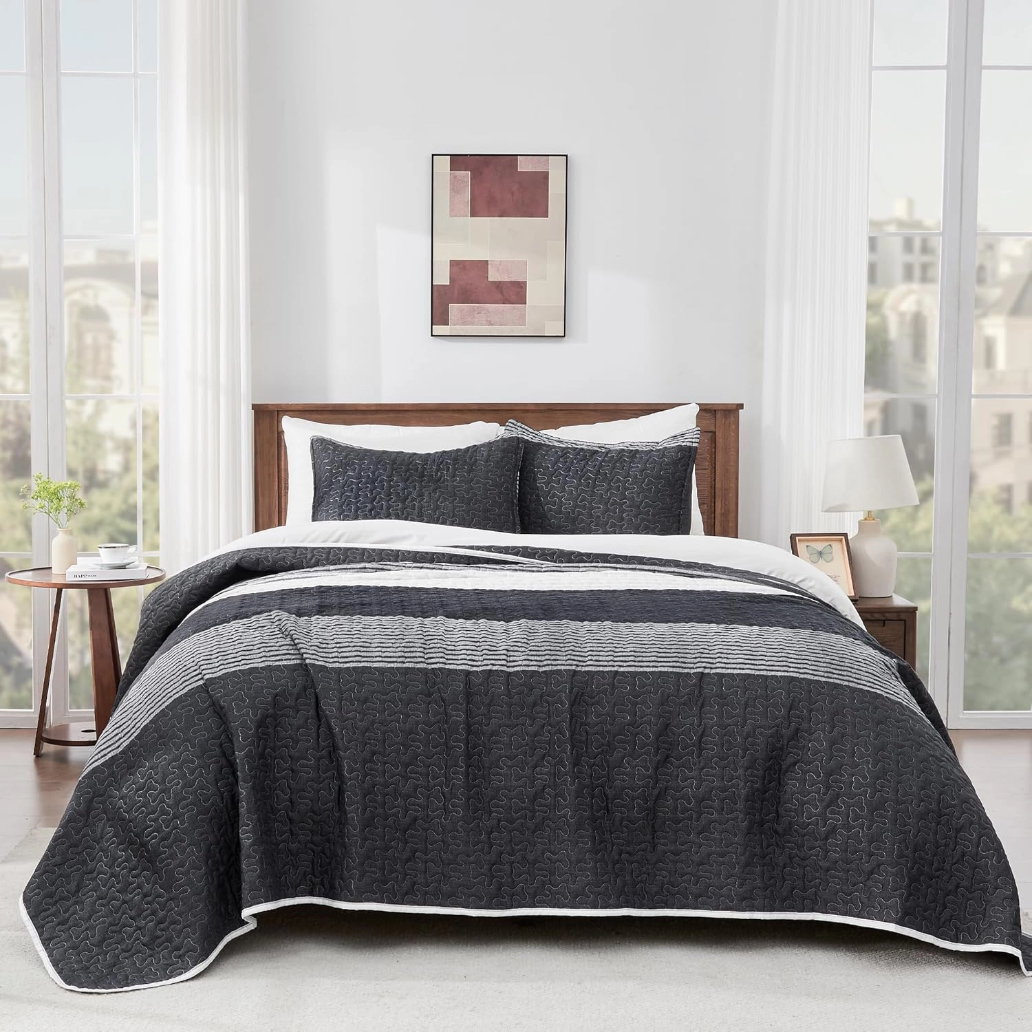 Andency California King Quilt Set Black and White, 3 Pieces Grey Ultra Soft Lightweight Cal King Bedspreads & Coverlets Set, Patchwork Striped Quilted Bedding Sets for All Seasons (112"x104")