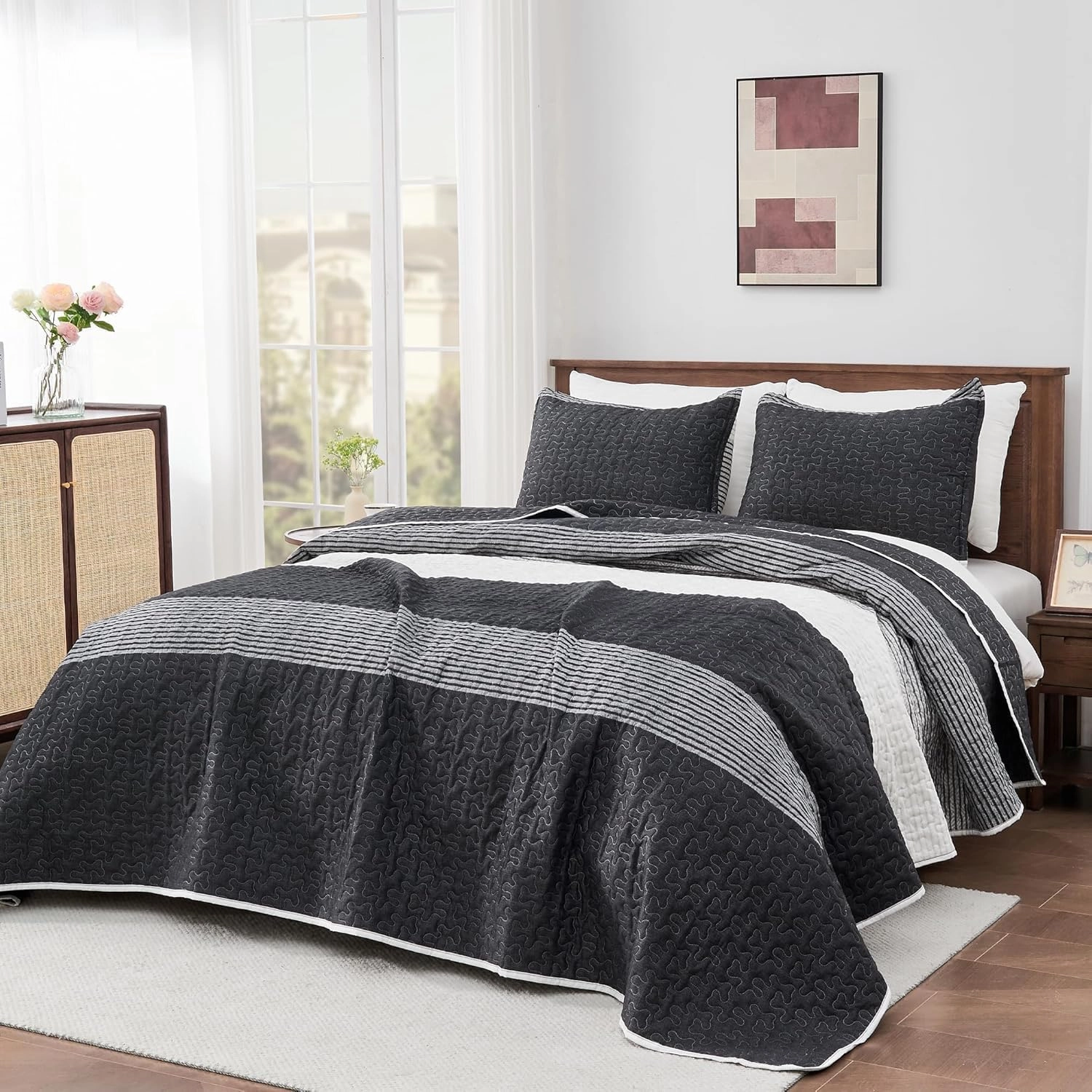 Andency California King Quilt Set Black and White, 3 Pieces Grey Ultra Soft Lightweight Cal King Bedspreads & Coverlets Set, Patchwork Striped Quilted Bedding Sets for All Seasons (112"x104")