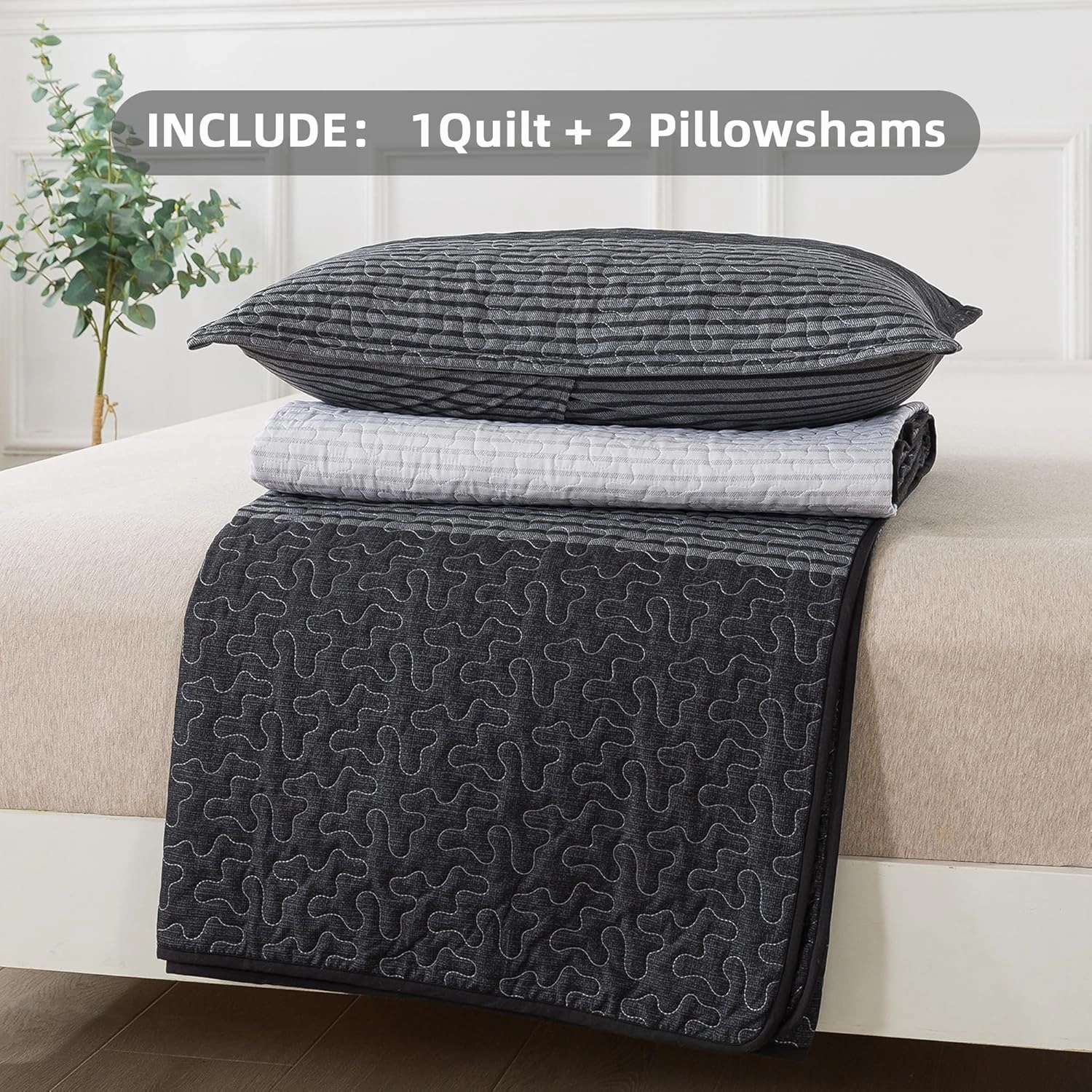 Andency California King Quilt Set Black and White, 3 Pieces Grey Ultra Soft Lightweight Cal King Bedspreads & Coverlets Set, Patchwork Striped Quilted Bedding Sets for All Seasons (112"x104")
