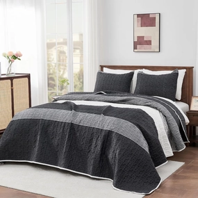 Andency California King Quilt Set Black and White, 3 Pieces Grey Ultra Soft Lightweight Cal King Bedspreads & Coverlets Set, Patchwork Striped Quilted Bedding Sets for All Seasons (112"x104")