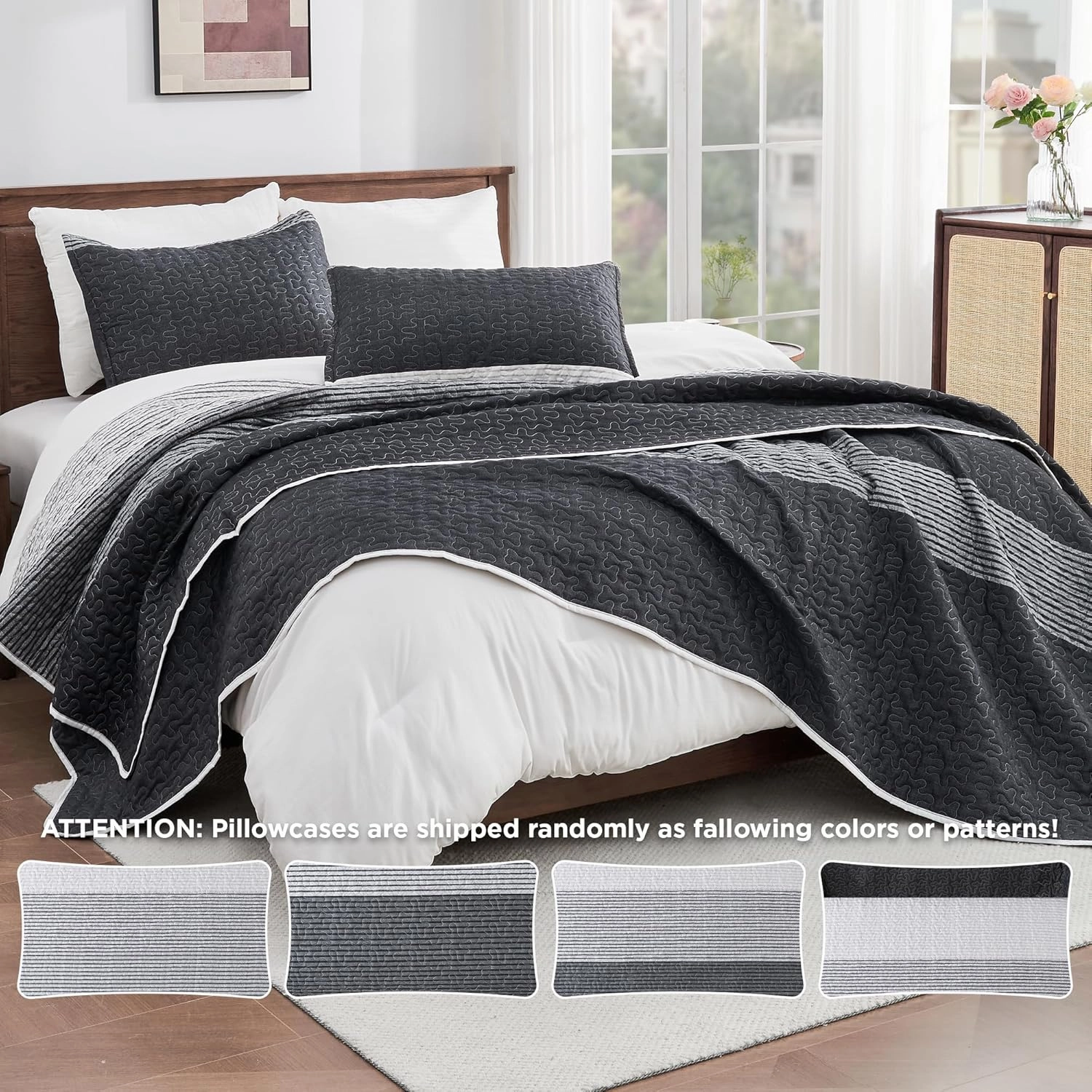 Andency California King Quilt Set Black and White, 3 Pieces Grey Ultra Soft Lightweight Cal King Bedspreads & Coverlets Set, Patchwork Striped Quilted Bedding Sets for All Seasons (112"x104")