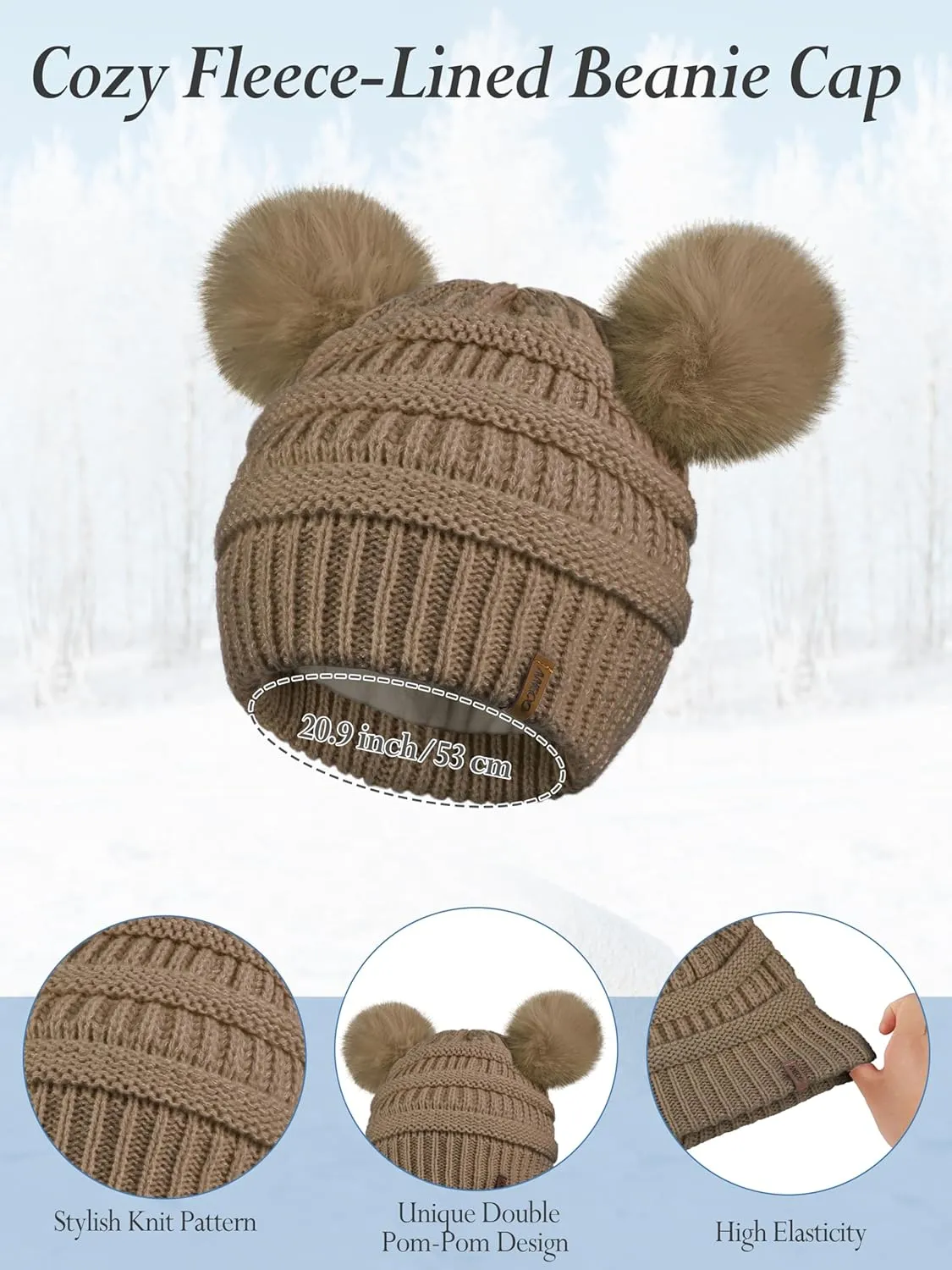 Aneco Women Winter Beanie Hat Scarf Gloves Set Warm Fleece Cap with PomPom Knit Anti-Slip Touchscreen Gloves for Cold Weather