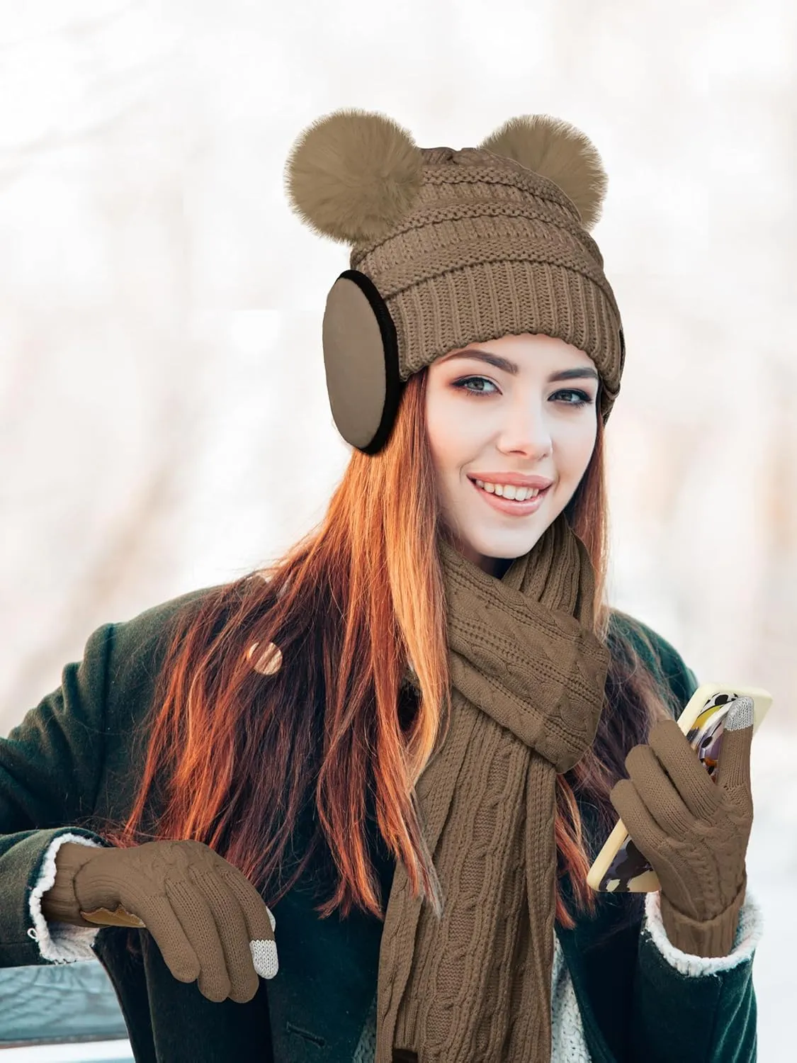 Aneco Women Winter Beanie Hat Scarf Gloves Set Warm Fleece Cap with PomPom Knit Anti-Slip Touchscreen Gloves for Cold Weather