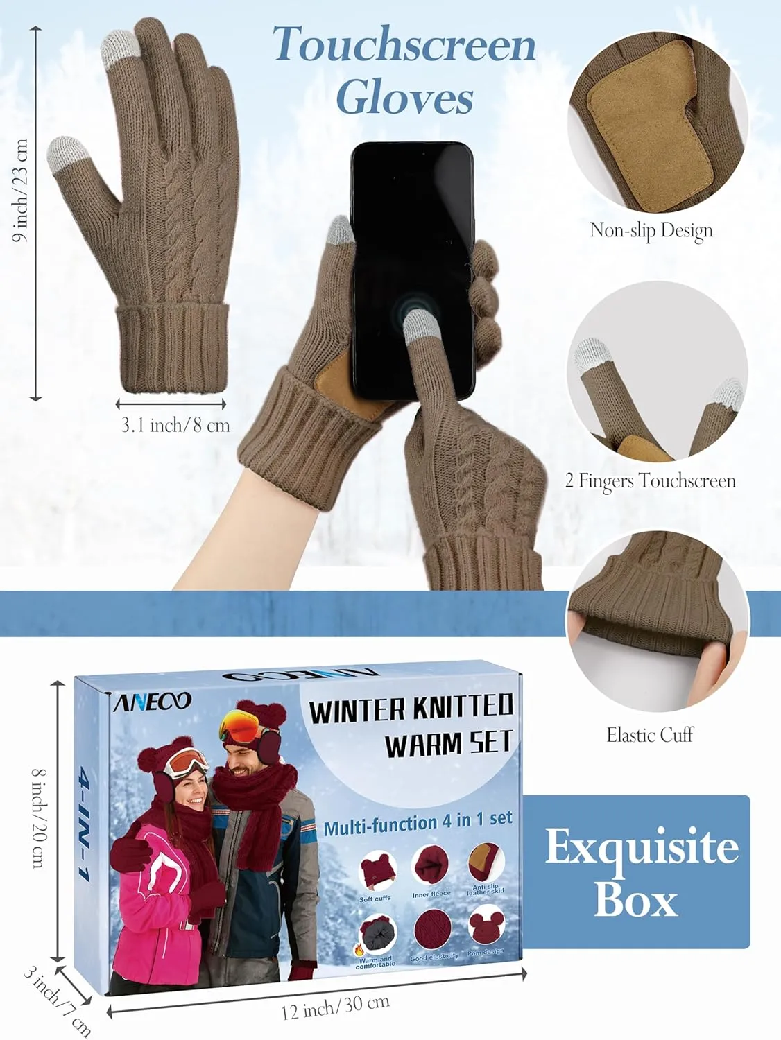 Aneco Women Winter Beanie Hat Scarf Gloves Set Warm Fleece Cap with PomPom Knit Anti-Slip Touchscreen Gloves for Cold Weather