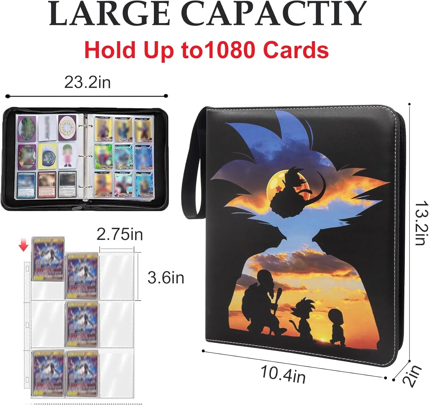 Anime Trading Card Binder for Dragon Ball Cards,9 Pocket with 60 Sleeves up to 1080 Cards One Piece TCG Card Binder,Waterproof Card Storage Book,Son Goku Cards Z Display Case