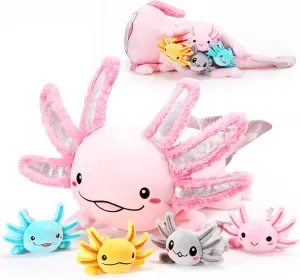 Aoriher 5 Pcs Axolotl Plush Set 24 Inch Mommy Axolotl Stuffed Animal with 4 Cute Plush Babies in Belly Soft Cuddly Plushie for Kids Sleeping Birthday Graduation Gift Party Favors(Pink)
