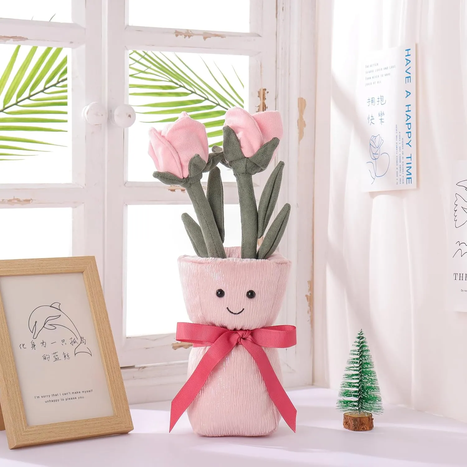 Apricot Lamb Pink Rose Vase Plush Stuffed Animals for Kids, Soft Cute Plush Toys for Baby Girl and Boy, Fluffy Pink Rose Vase Pink