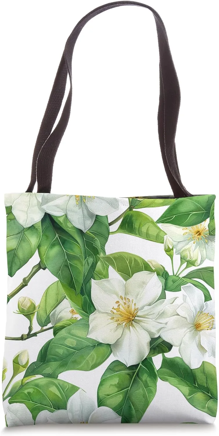 Arabian Jasmine Flower Watercolor Pattern Graphic Tote Bag