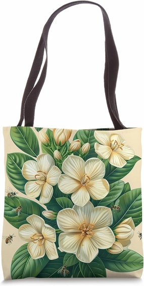 Arabian Jasmine Flower Blooming With Bees Around Graphic Tote Bag