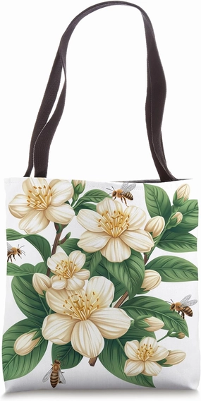 Arabian Jasmine Flower Blooming With Bees Around Graphic Tote Bag