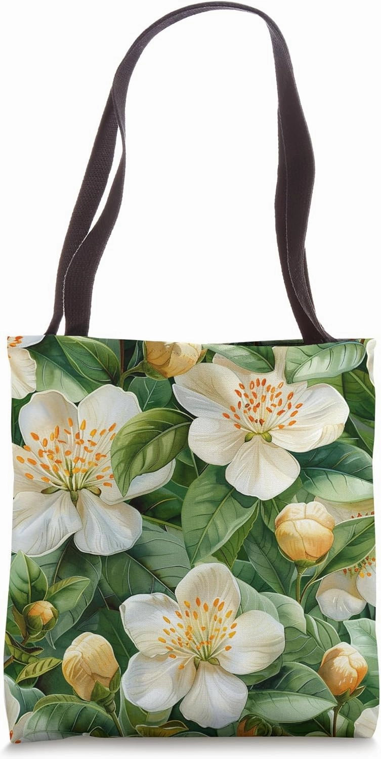 Arabian Jasmine Flower Watercolor Pattern Graphic Tote Bag