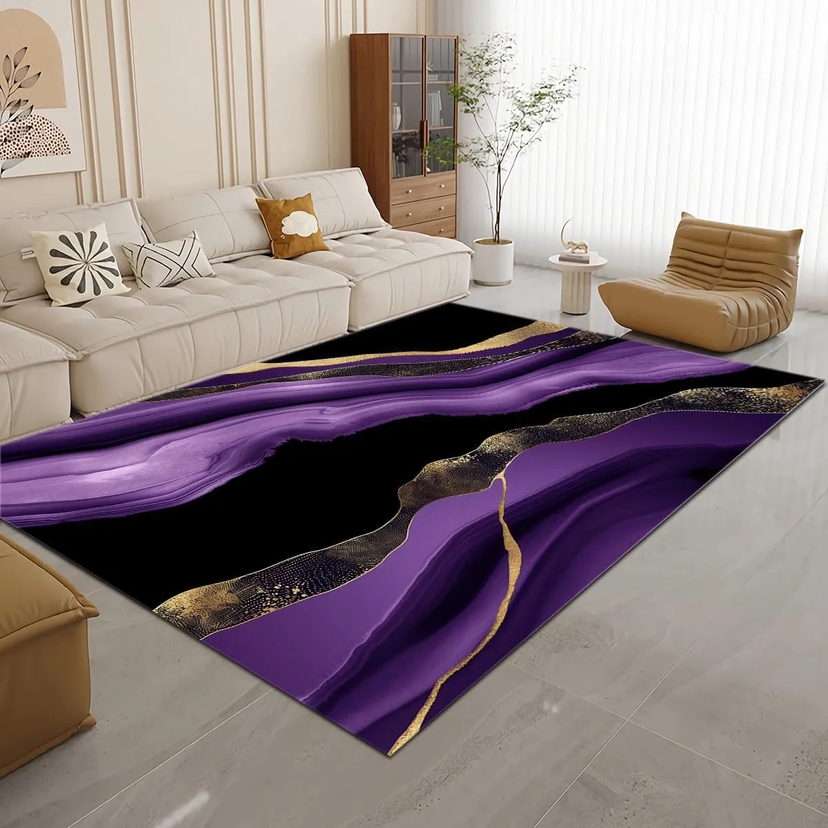 Area Rug for Living Room, Bedroom Rugs Minimalist Marble Pattern Purple Washable Carpet, Soft Fluffy Rug Non Skid Home Office Decor Large Carpet 2x3 ft