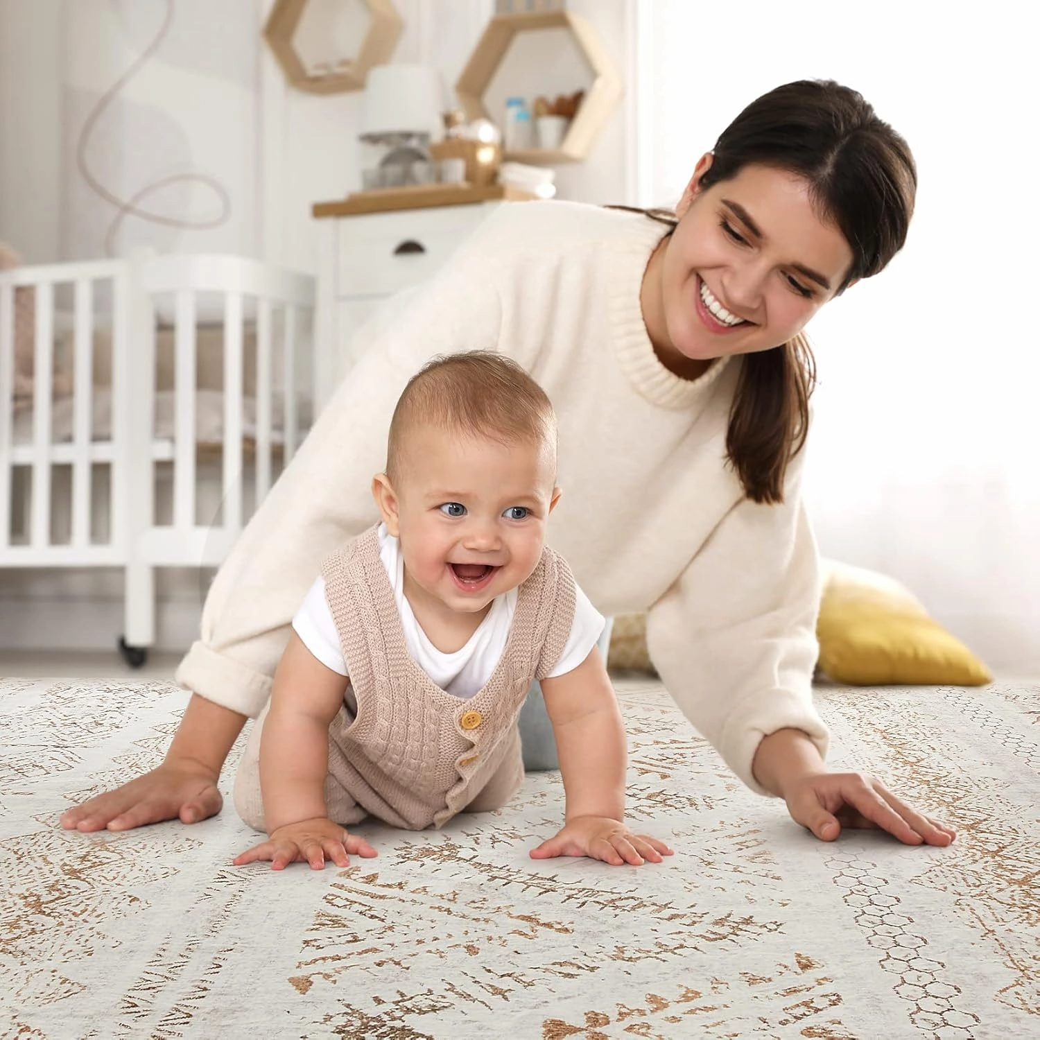Area Rug Living Room Carpet: 5x7 Large Moroccan Soft Fluffy Geometric Washable Bedroom Rugs Dining Room Home Office Nursery Low Pile Decor Under Kitchen Table Light Brown/Ivory