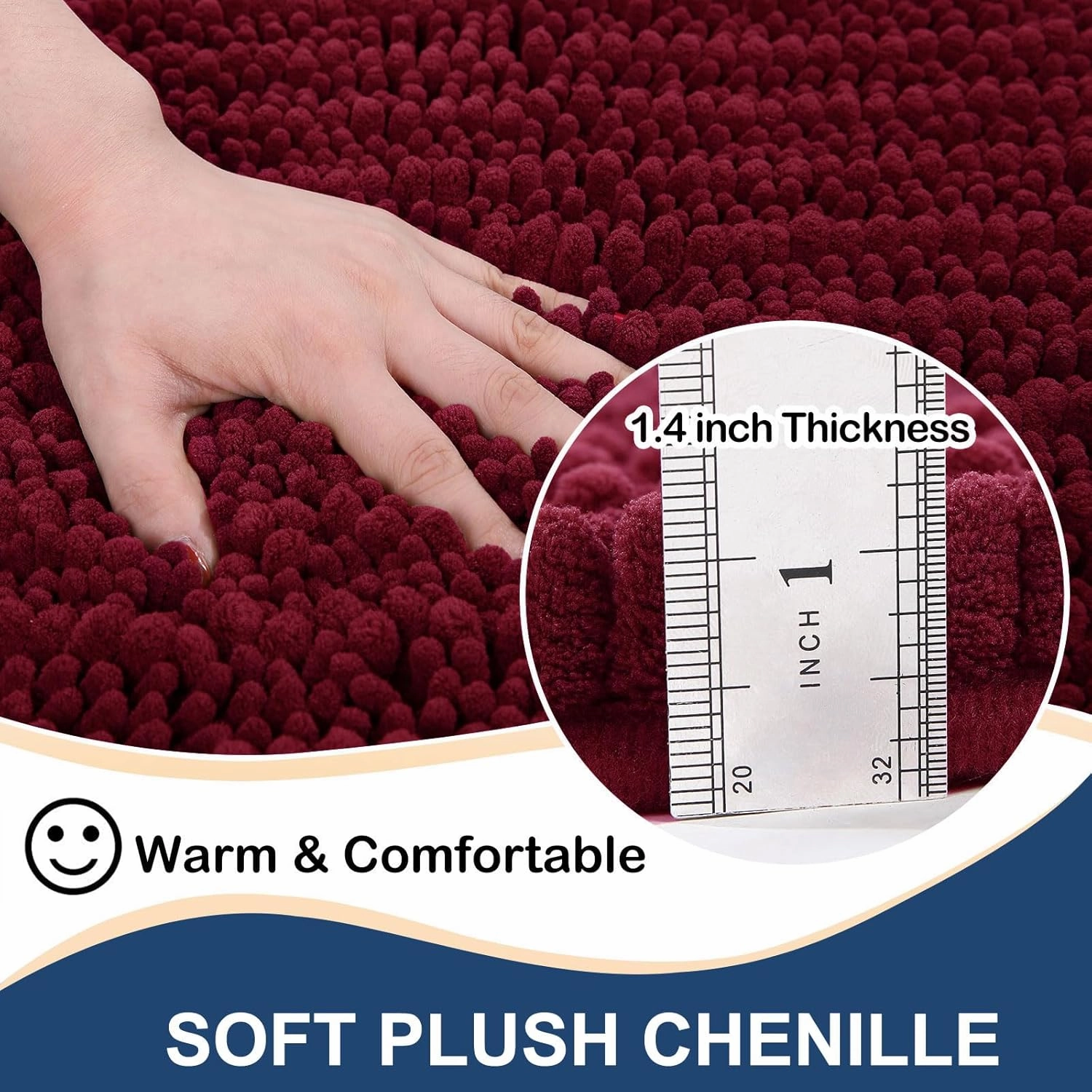 Arotive Luxury Chenille Bathroom Rug Mat, Extra Soft Thick Absorbent Shaggy Bath Rugs, Non-Slip Machine Wash Dry, Plush Bath Mats for Bathroom, Shower and Tub, 24x16, Burgundy