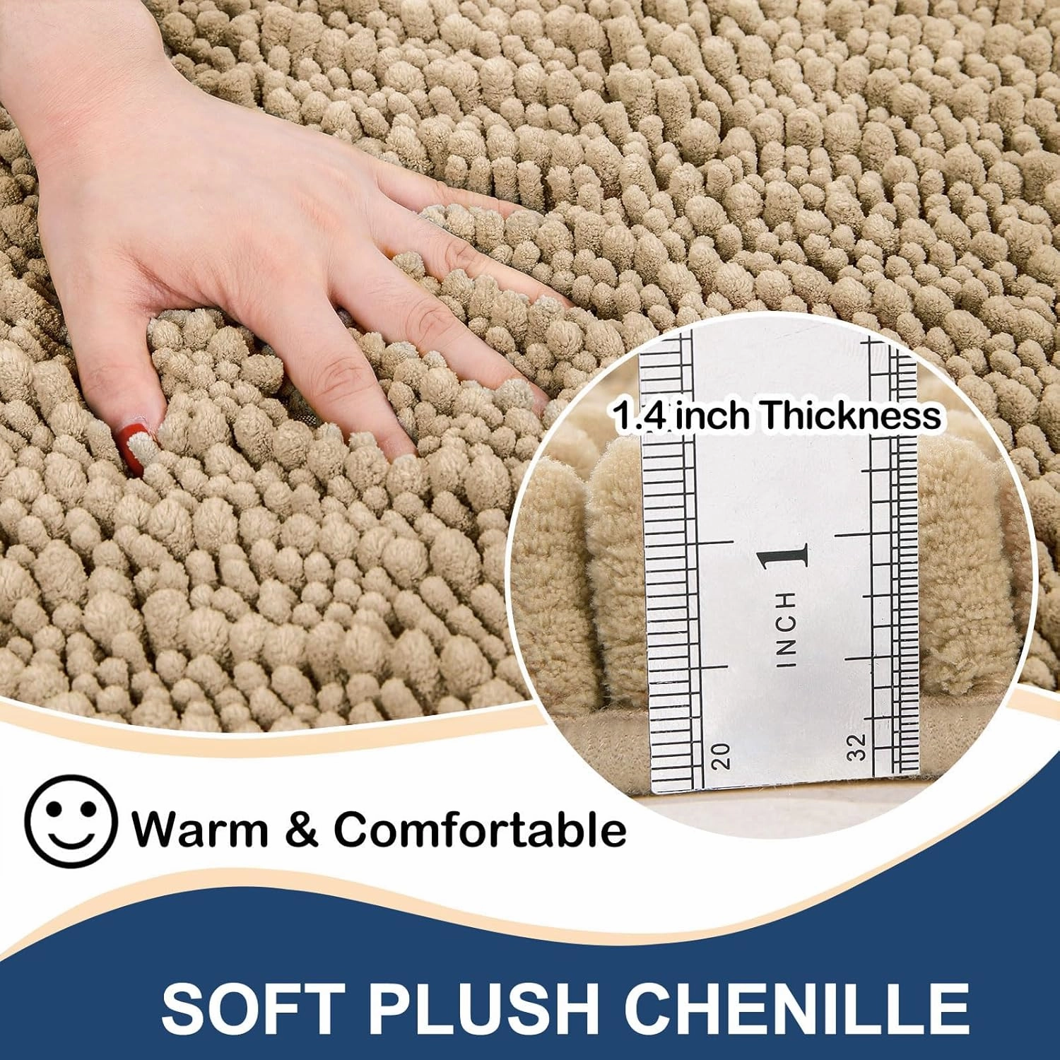 Arotive Luxury Chenille Bathroom Rug Mat, Extra Soft Thick Absorbent Shaggy Bath Rugs, Non-Slip Machine Wash Dry, Plush Bath Mats for Bathroom, Shower and Tub, 30x17, Beige