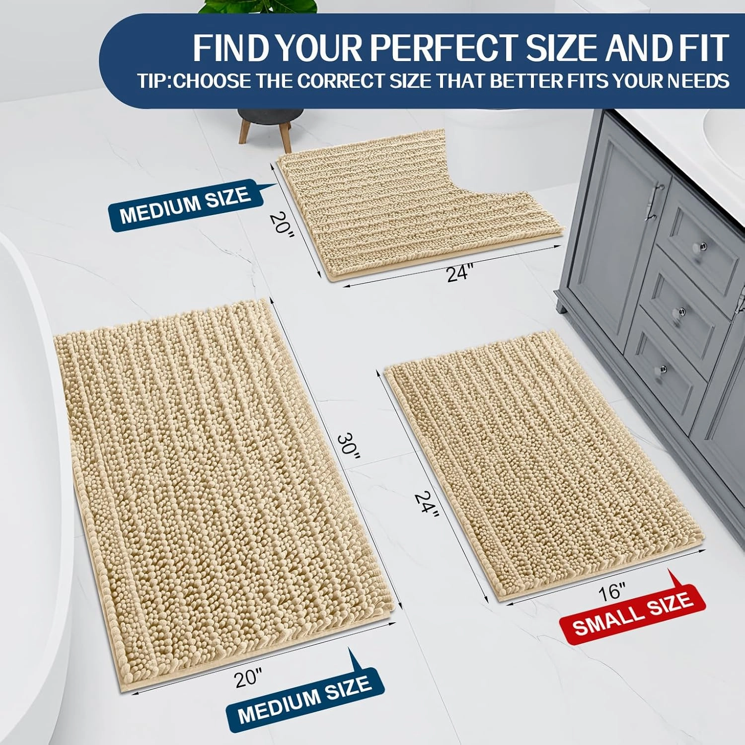 Arotive Luxury Chenille Bathroom Rug Mat, Extra Soft Thick Absorbent Shaggy Bath Rugs, Non-Slip Machine Wash Dry, Plush Bath Mats for Bathroom, Shower and Tub, 30x17, Beige