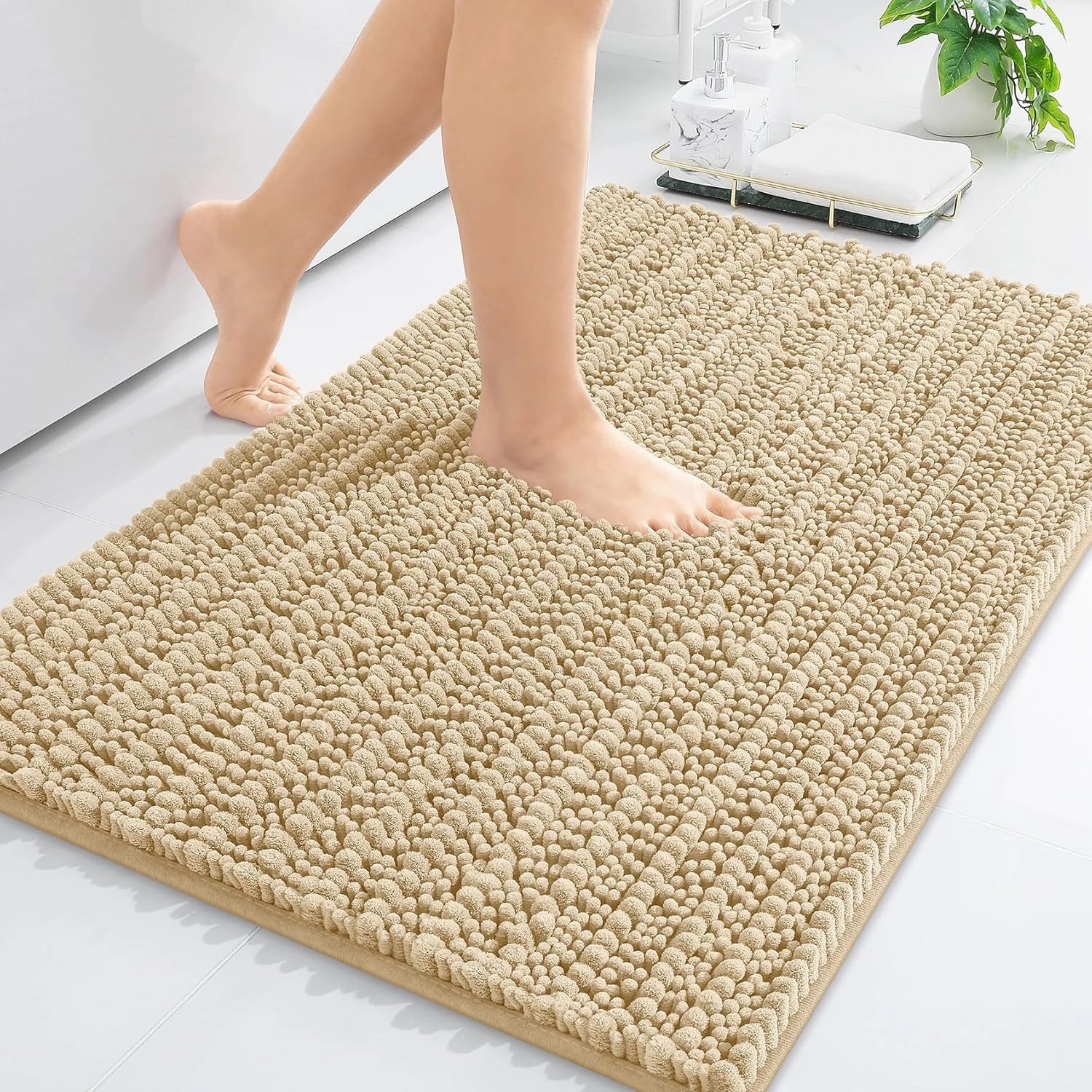 Arotive Luxury Chenille Bathroom Rug Mat, Extra Soft Thick Absorbent Shaggy Bath Rugs, Non-Slip Machine Wash Dry, Plush Bath Mats for Bathroom, Shower and Tub, 30x17, Beige