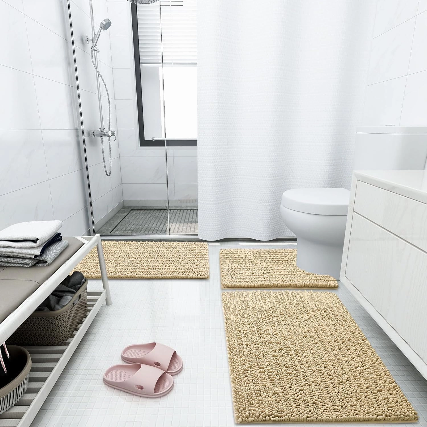 Arotive Luxury Chenille Bathroom Rug Mat, Extra Soft Thick Absorbent Shaggy Bath Rugs, Non-Slip Machine Wash Dry, Plush Bath Mats for Bathroom, Shower and Tub, 30x17, Beige