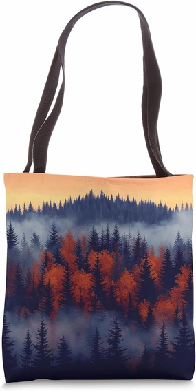 Autumn Forest With Fog Vintage Landscape Graphic Tote Bag