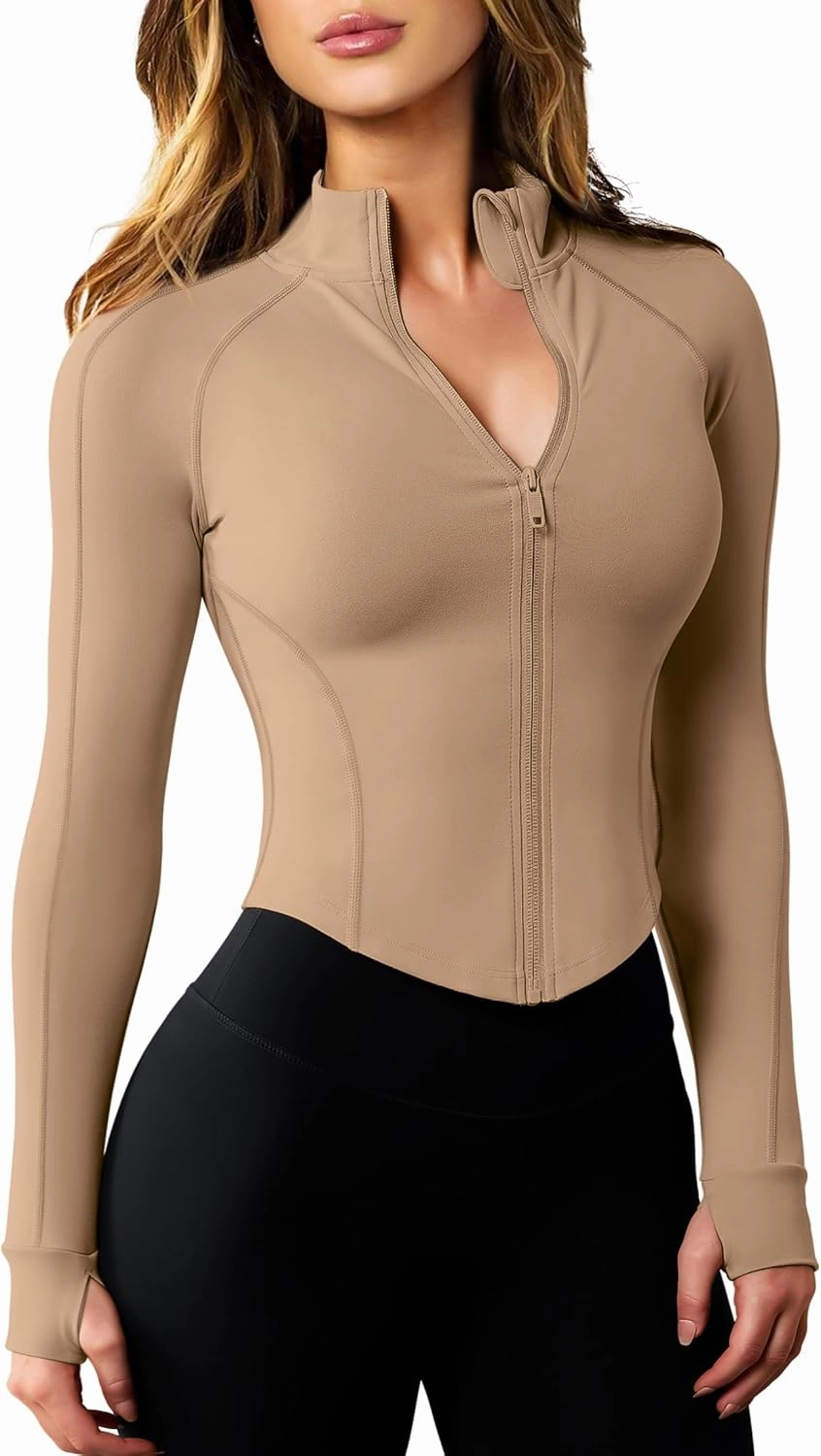 AVGO Women's Workout Jacket Lightweight Zip Up Cropped Yoga Jackets Slim Fit Athletic Tops with Thumb Holes