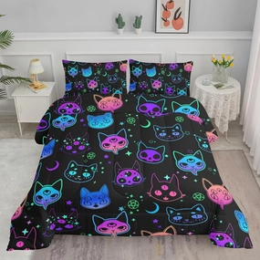 Axolotl Cat Comforter Set Twin,Kawaii Trippy Cat Moon Stars Bedding Set with 1 Comforter 2 Pillowcases for Kids Boys Girls Teens Adults Room Decor All Season,Colorful Neon Trippy Bed Set