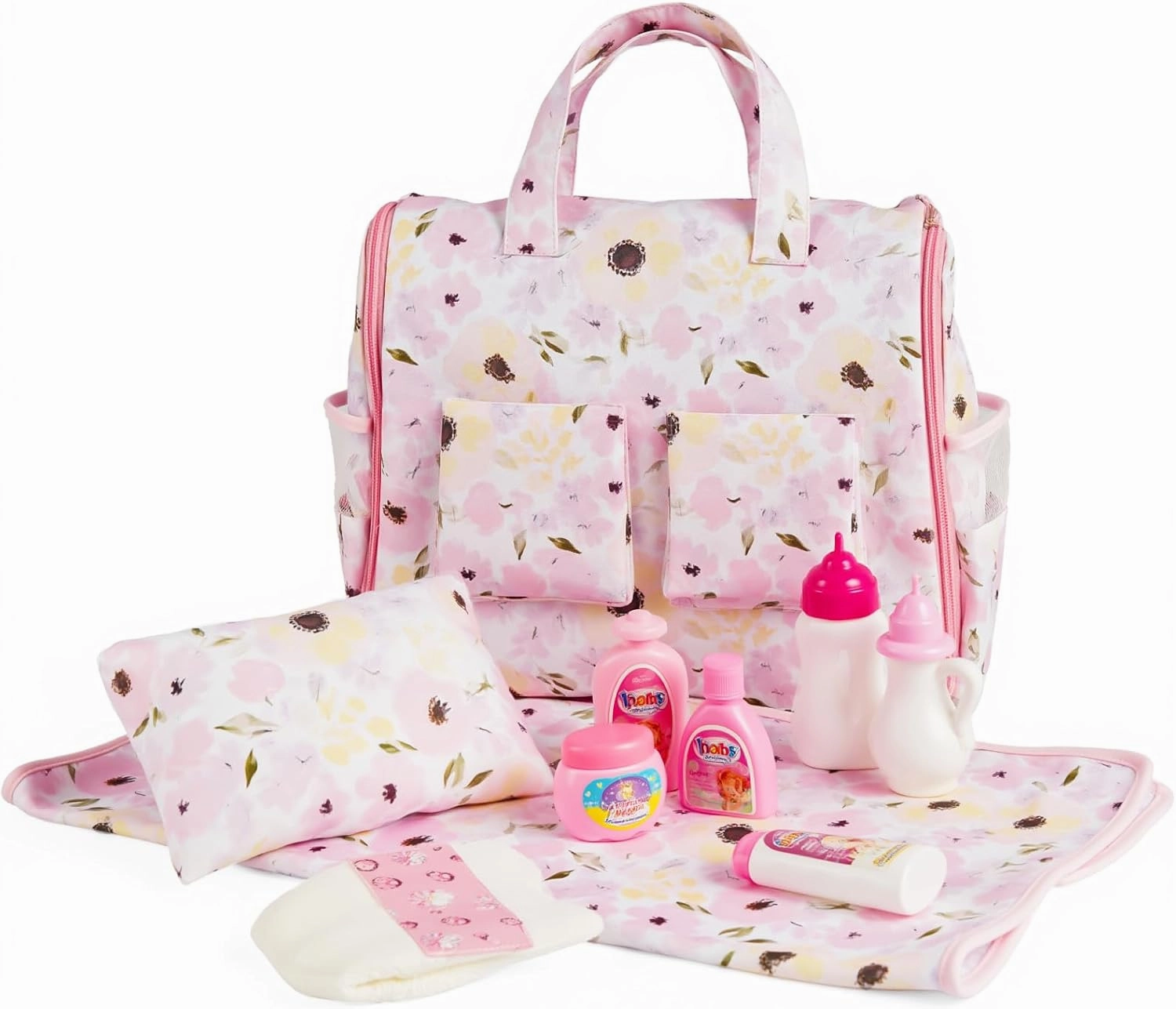 BABESIDE 10 Pcs Baby Doll Diaper Bag Set for 12-15 Inch Babydolls, Baby Dolls Accessories Set with 2-in-1 Diaper Bag Changing Pad and Baby Doll Bath Set for Realistic Dolls, Pink
