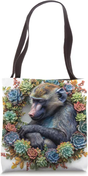 Baboon With Succulents Around Boho Style Graphic Tote Bag