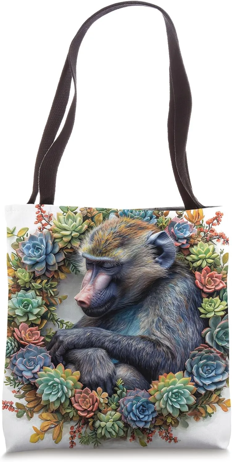 Baboon With Succulents Around Boho Style Graphic Tote Bag