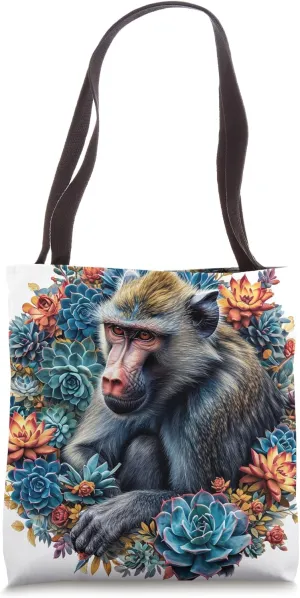 Baboon With Succulents Around Boho Style Graphic Tote Bag