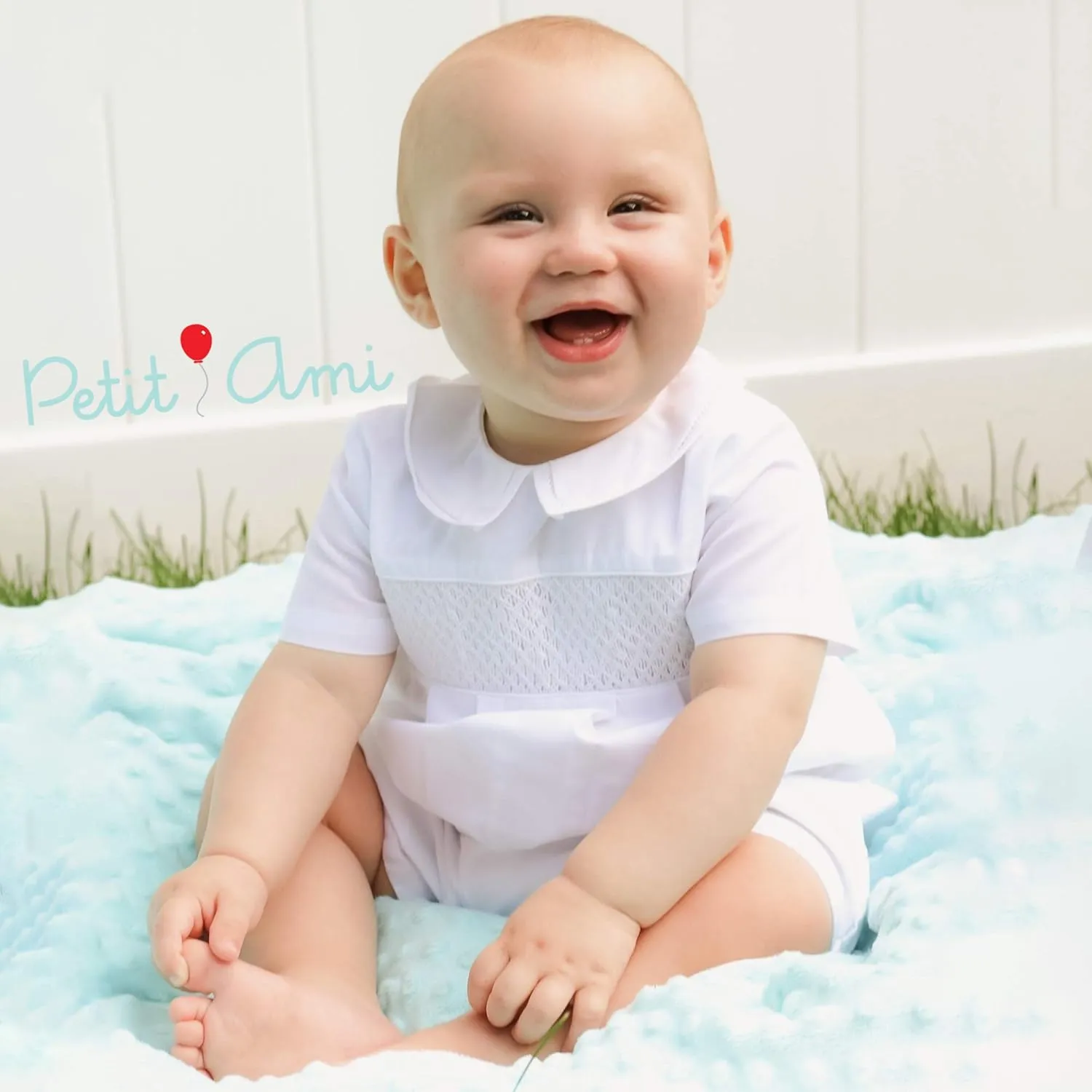 Baby Boys' Square Collar Romper with Train Embroidery