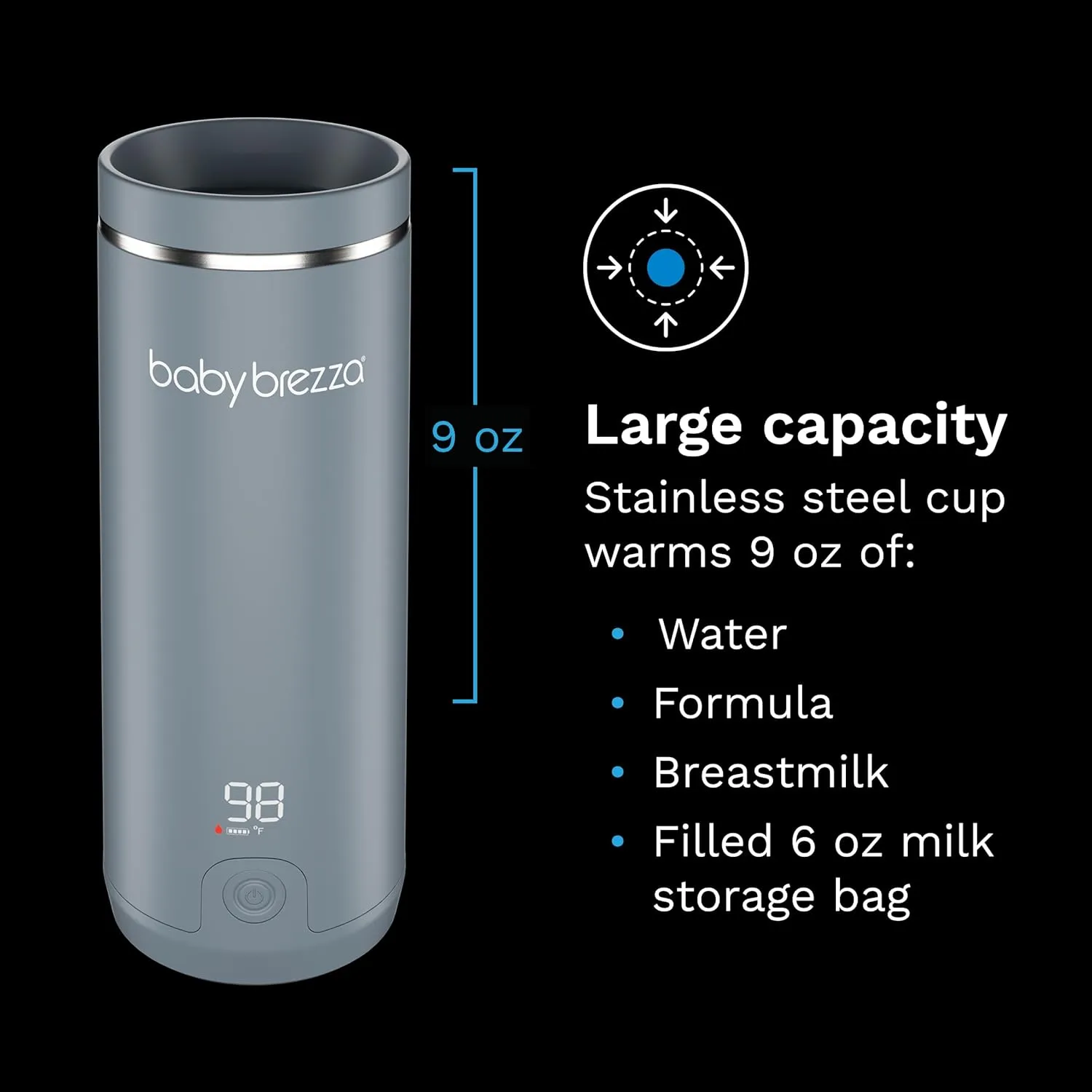 Baby Brezza Superfast Portable Baby Bottle Warmer – 67% Faster - Travel Breastmilk Warmer and Formula Warmer - Safe, Even Heating - Up to 9oz - No Adapters, Grey