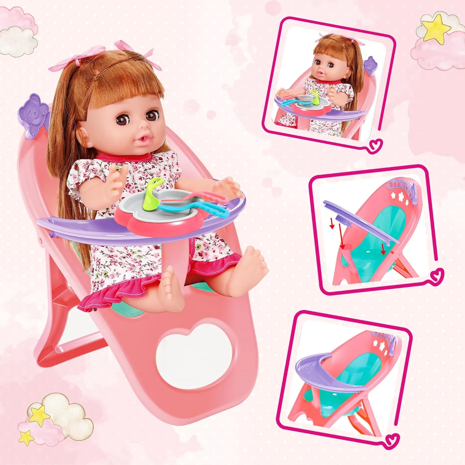 Baby Doll Toys Set, 14" Doll Toys, 25Pcs Dolls Care Toy Playset, Toddlers Toy Doll Set Incl Cradle Crib, High Chair, Milk Bottle, Pacifier, Diaper, Baby Gift for Age 3 4 5 6  Years Old Girls Boys