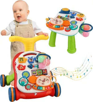 Baby Push Walker 3 in 1 Sit-to-Stand Learning Walker with Wheels Kids’Multiple Educational Activity Center Music Learning Toy Gift for Infant Boys Girls (Green)