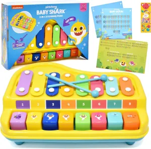 Baby Shark 2 in 1 Baby Piano Xylophone Toy for Kids Toddlers Girls Boys First Musical Instrument Multicolored Keys Keyboard Sheet Music Two Mallets