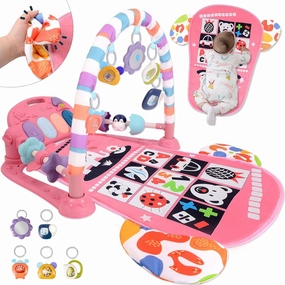 Baby Play Gym for 0-6 Months, High Contrast Tummy Time Mat, Kick and Play Piano, Music and Lights, Newborn Gifts for Girls, Pink