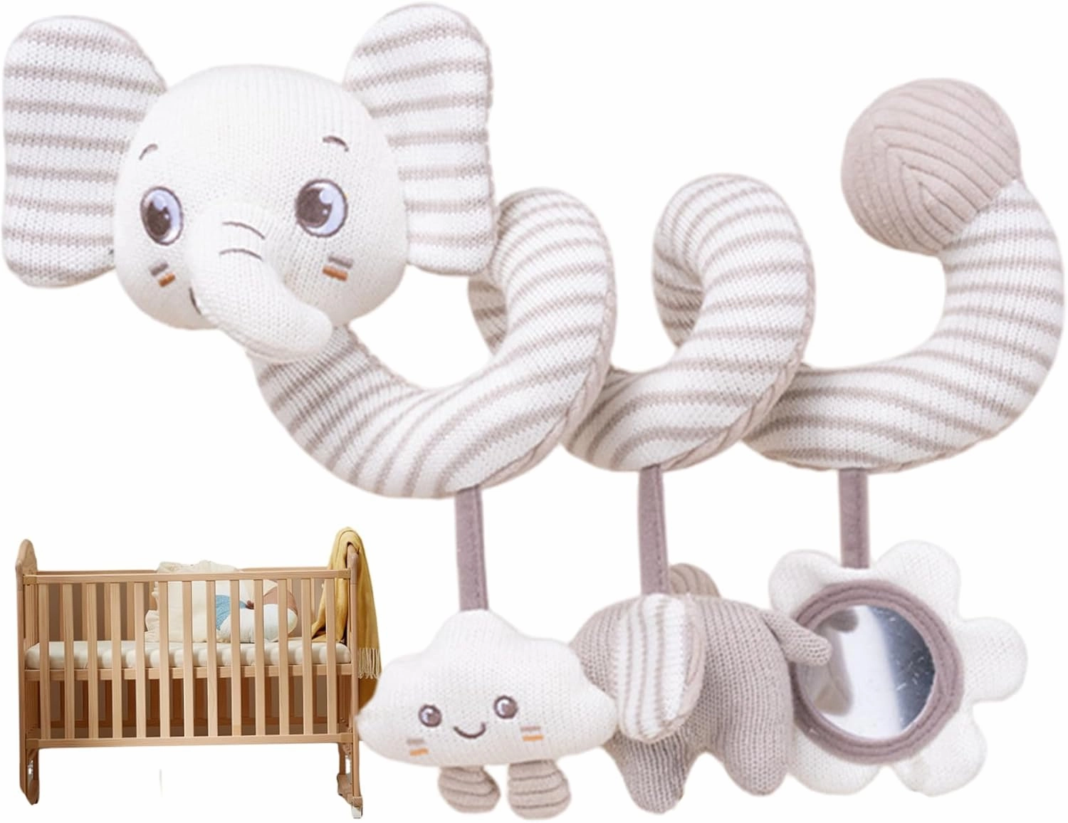 Baby Stroller Toy, Soft Spiral Plush Car Seat Toy with Bells, Squeaky Early Educational Baby Gifts for Newborn 0-3 Years, Elephant.