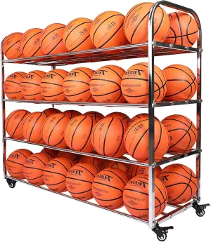 Ball Storage Cart with Wheels, Double Wide Basketball Rack, Heavy Duty Portable Ball Rack Holder, Large Capacity Sports Equipment Storage Rack