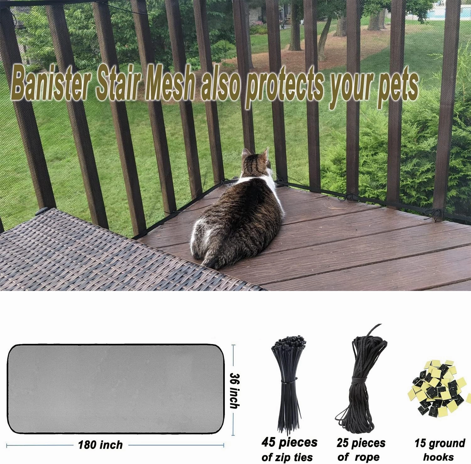 Banister Guard for Baby, Balcony Netting for Pets, 15ft x 3ft, Baby Safety Stairs Rail Net Provides Your Baby with a Environment, Baby Stair Net Fit for Child, Small Pet, Toy - Black