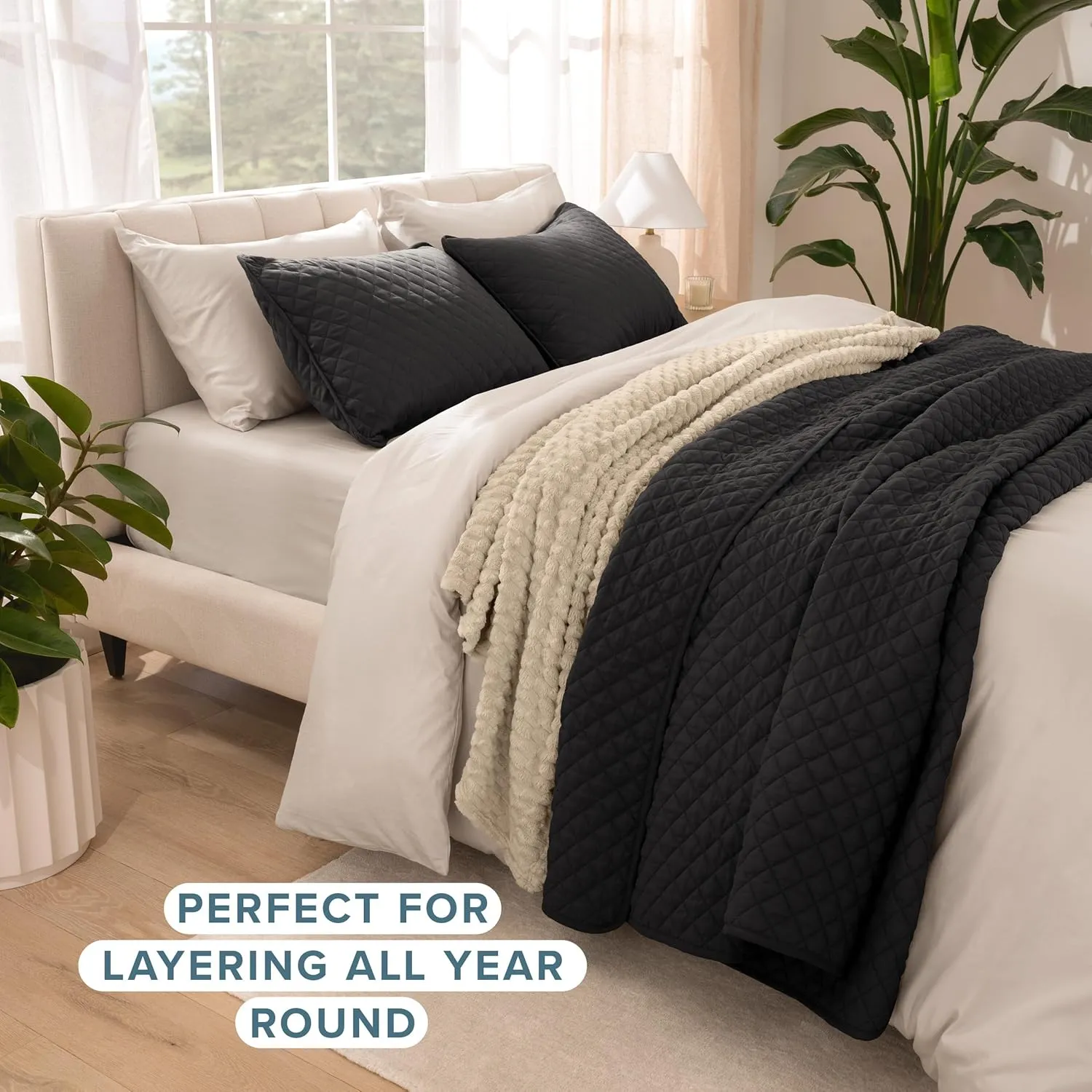 Bare Home Coverlet Set - Lightweight Bed Decor - Comforter Alternative - All-Season Quilted Bedspread (King, Black)