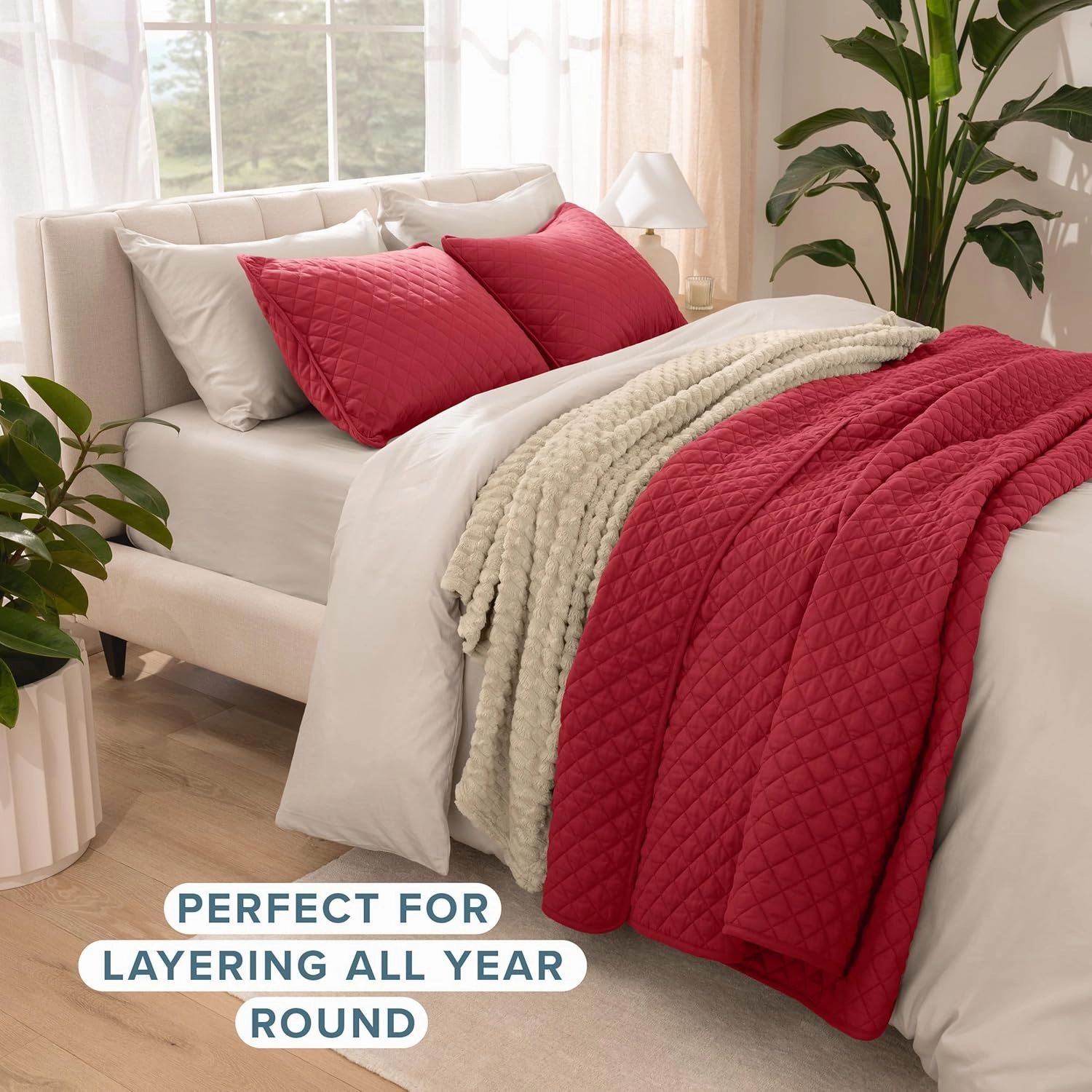 Bare Home Premium 2 Piece Quilt Set - Coverlet Set - Diamond Stitched Bedspread - Ultra-Soft Luxurious Lightweight All Season Bedspread (King/Cal King, Red)