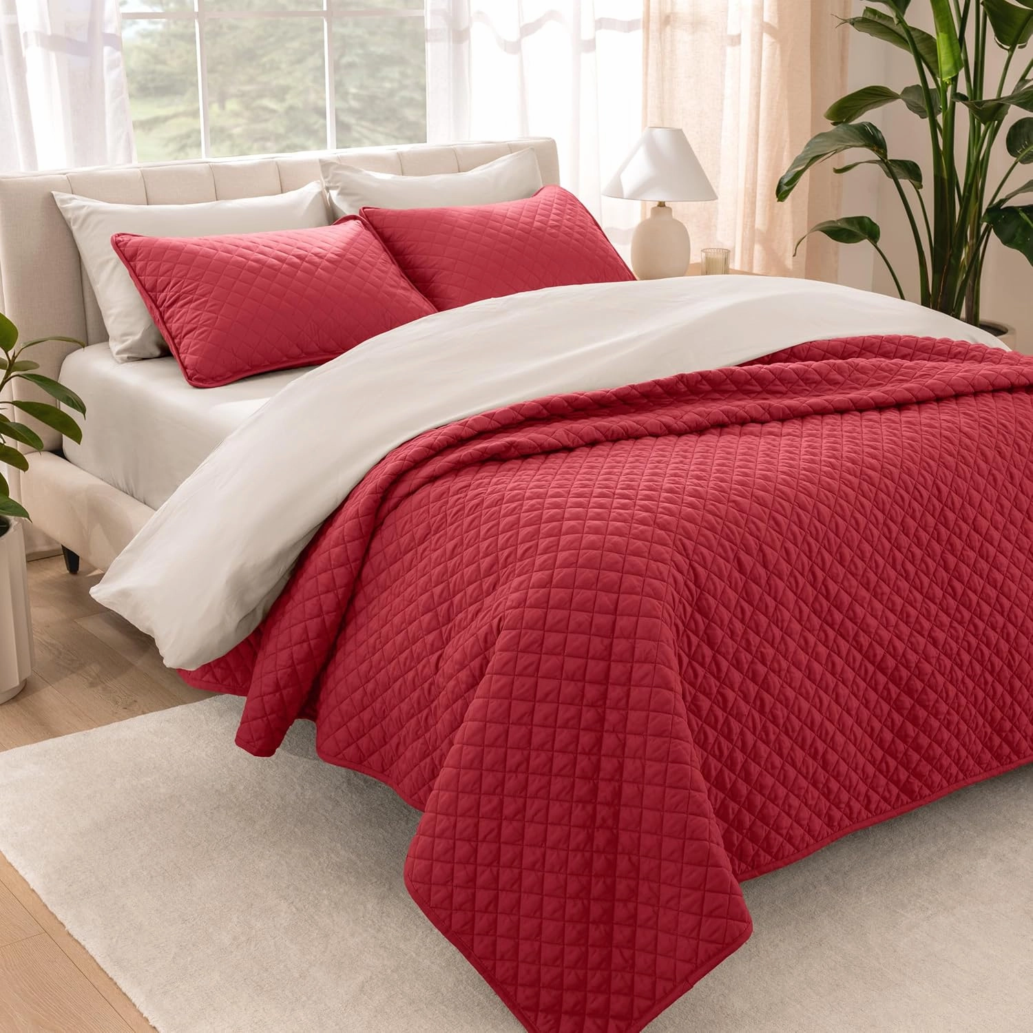 Bare Home Premium 2 Piece Quilt Set - Coverlet Set - Diamond Stitched Bedspread - Ultra-Soft Luxurious Lightweight All Season Bedspread (King/Cal King, Red)