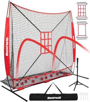 Baseball Net, 7x7ft Baseball Softball Pitching Net with Large Ball Collection System, Hitting Net Batting Net with Tee, 2 Strike Zones, Carry Bag, Baseball Nets for Batting Hitting Pitching